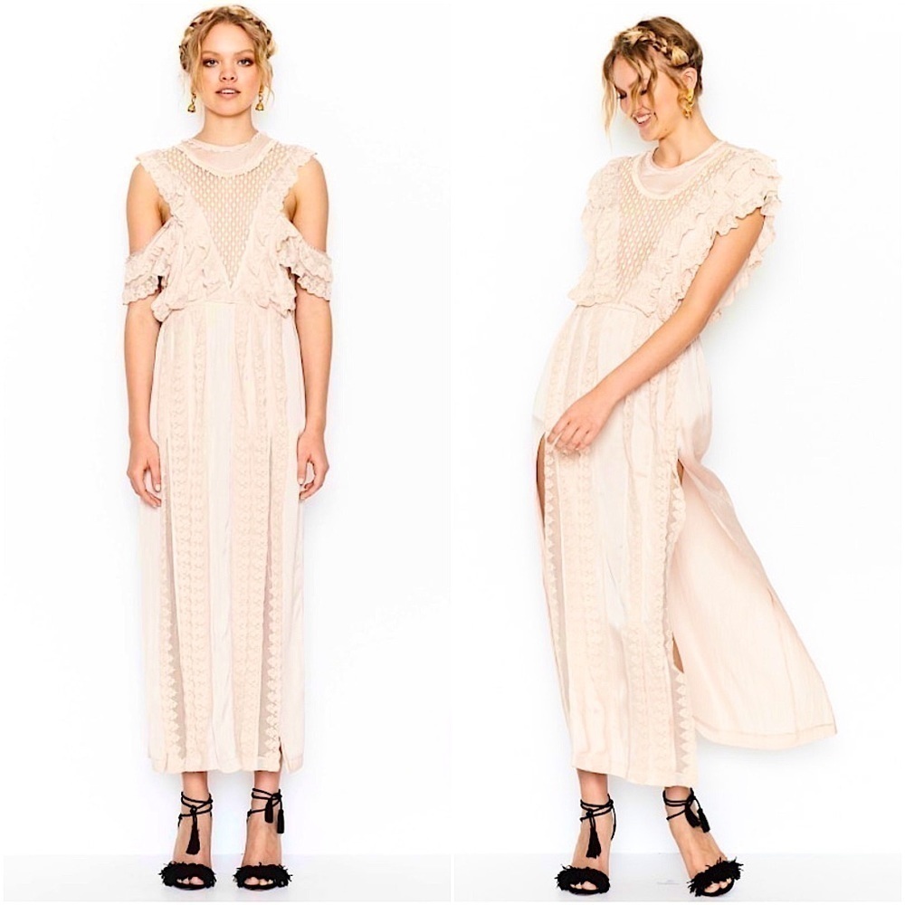 ALICE MCCALL 70s Satin Victorian Ruffle Pointelle Lace Cold Shoulder Maxi Gown 0